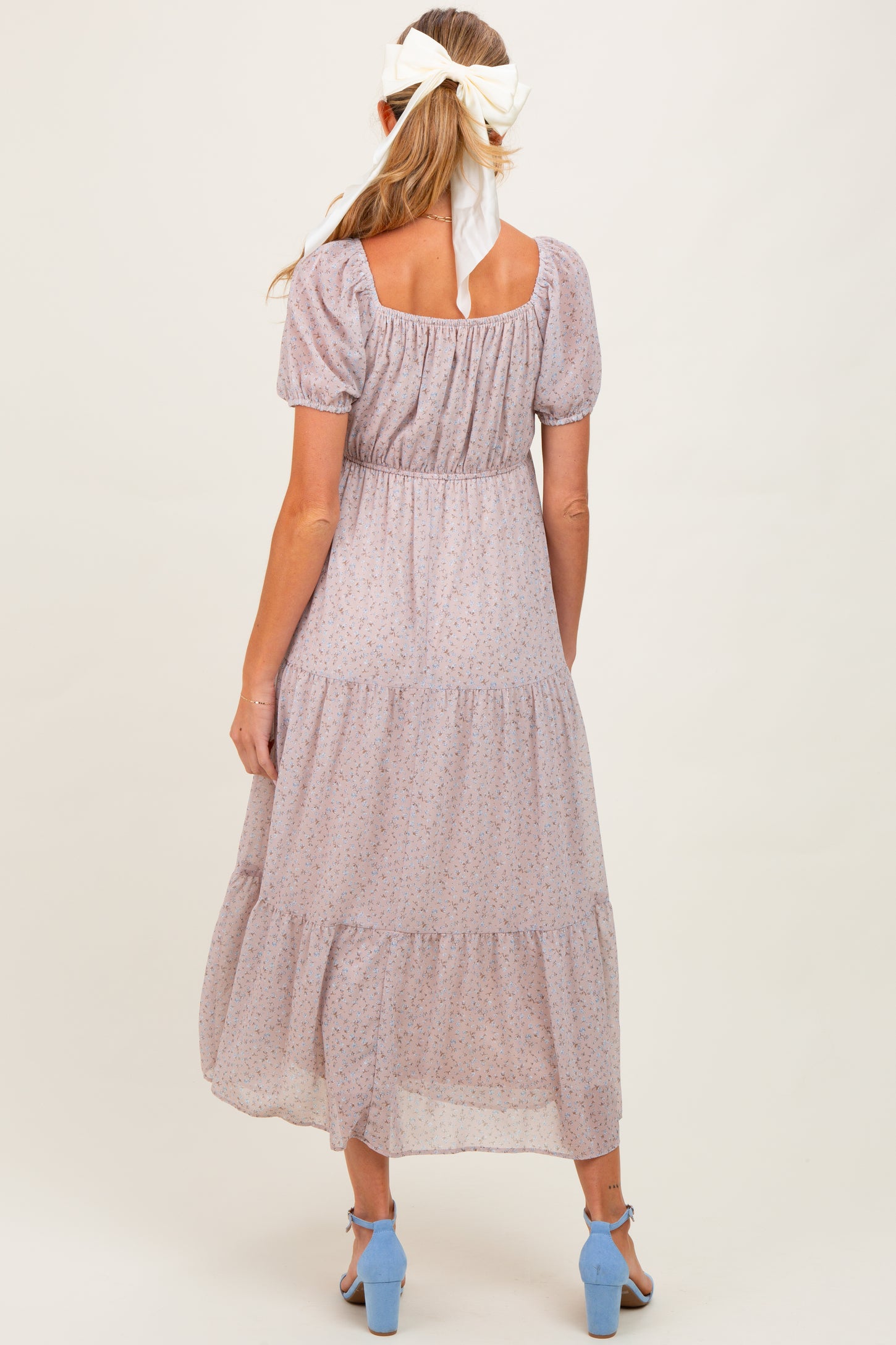 Light Taupe Floral Chiffon Tiered Maternity Maxi Dress