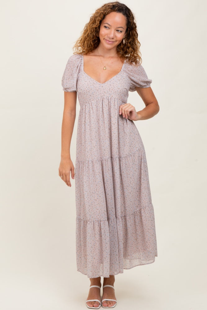 Light Taupe Floral Chiffon Tiered Maxi Dress