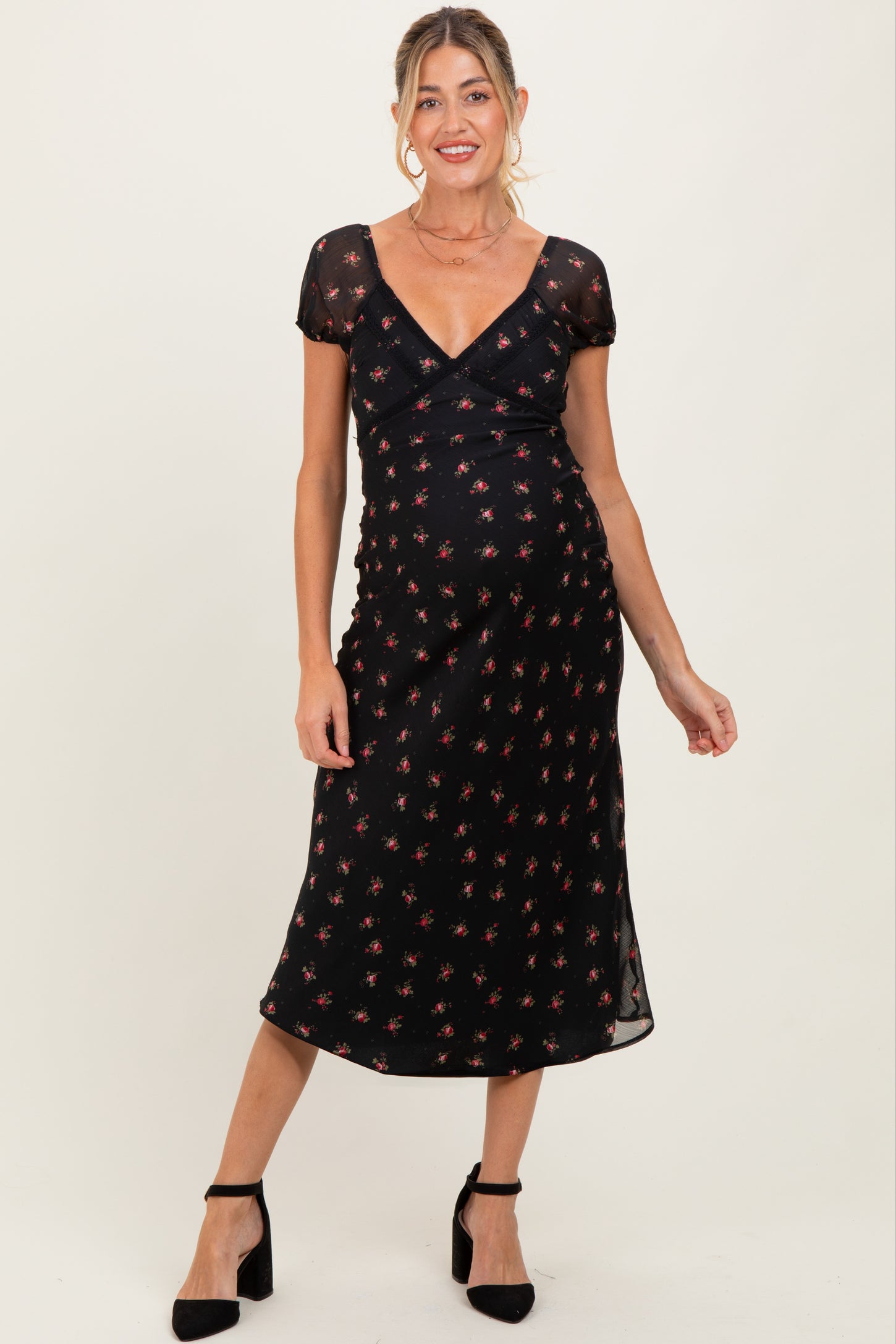 Black Floral Chiffon Maternity Midi Dress PinkBlush Black Floral Chiffon Maternity Midi Dress PinkBlush