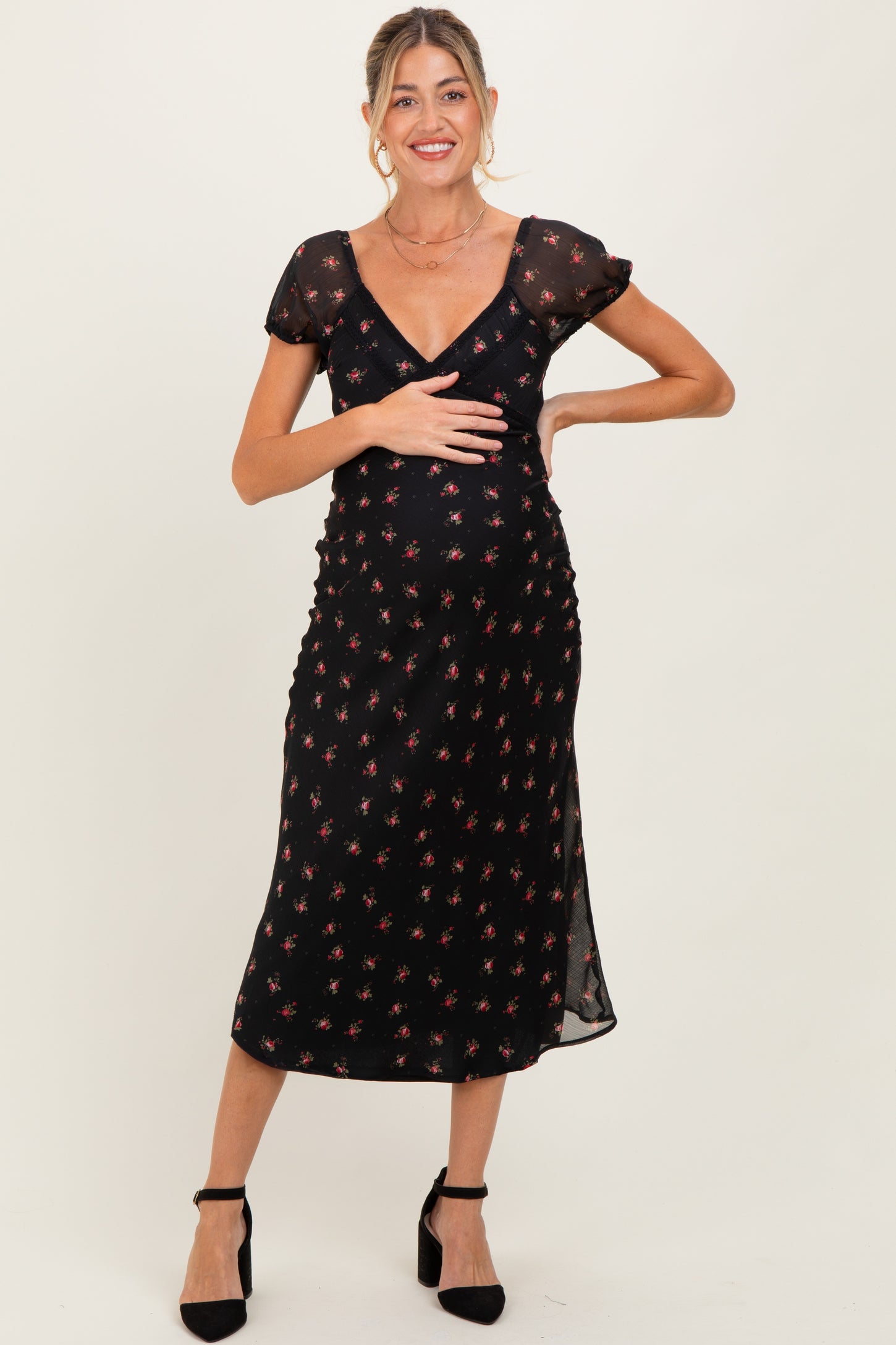 Black Floral Chiffon Maternity Midi Dress