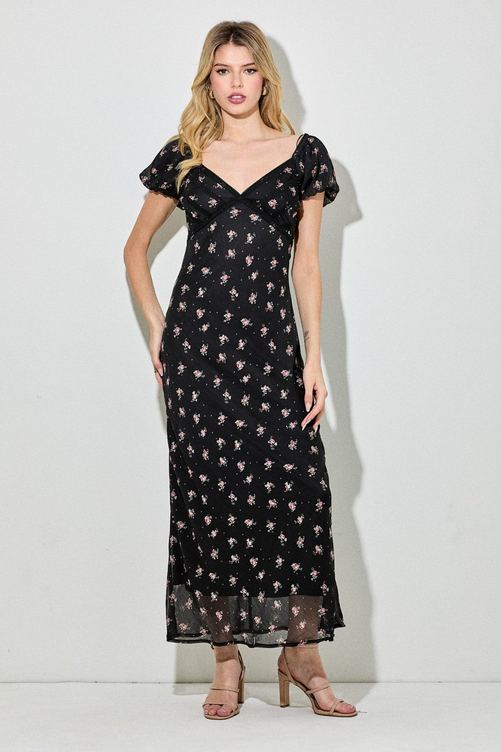 Black Floral Chiffon Midi Dress