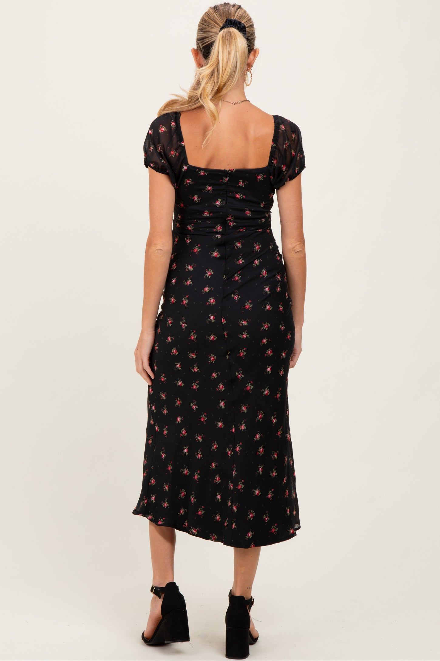 Black Floral Chiffon Maternity Midi Dress