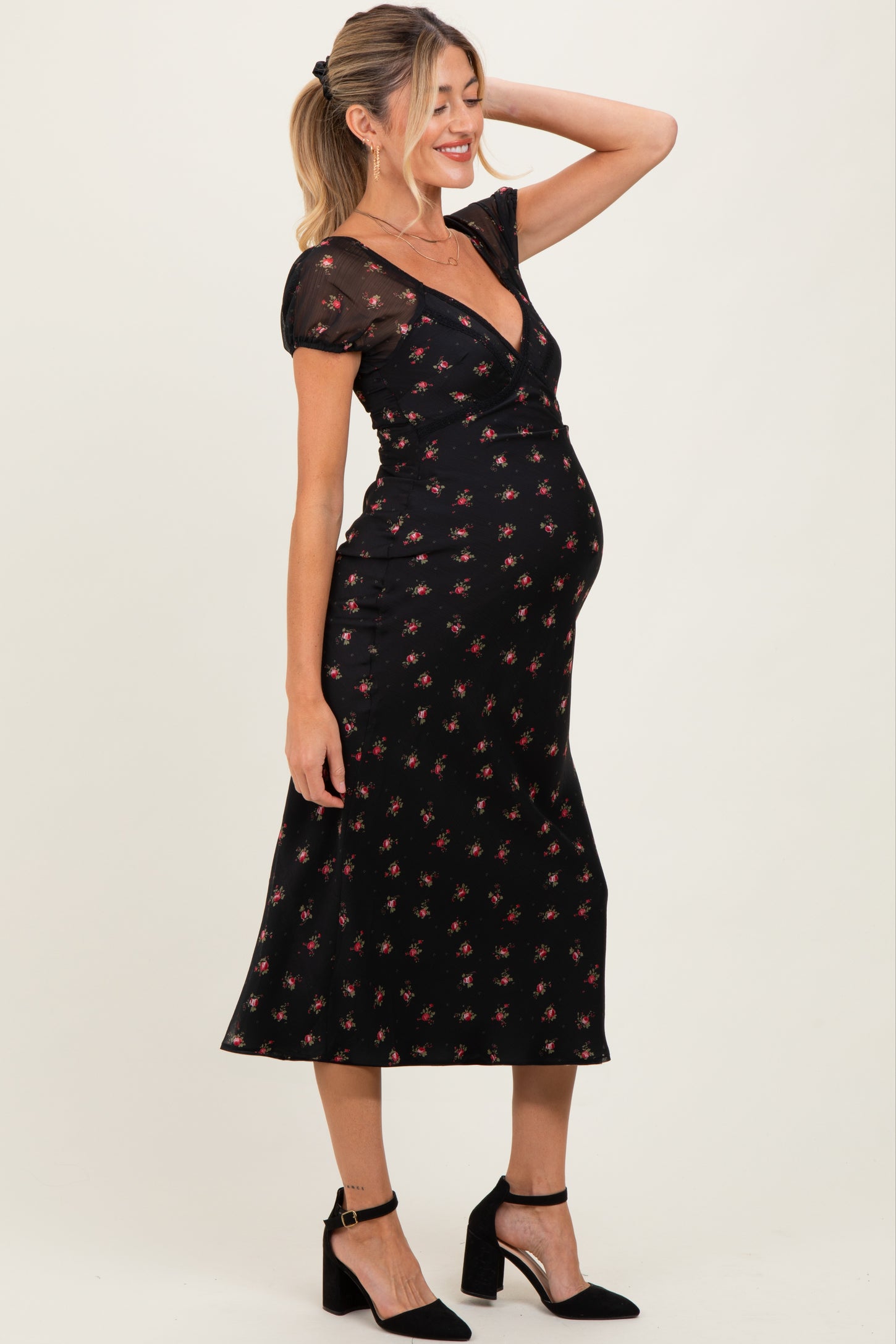 Black Floral Chiffon Maternity Midi Dress