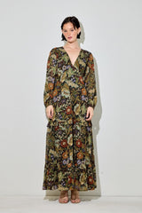 Black Floral Chiffon V-Neck Long Sleeve Maxi Dress
