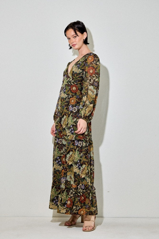 Black Floral Chiffon V-Neck Long Sleeve Maxi Dress Black Floral Chiffon V-Neck Long Sleeve Maxi Dress