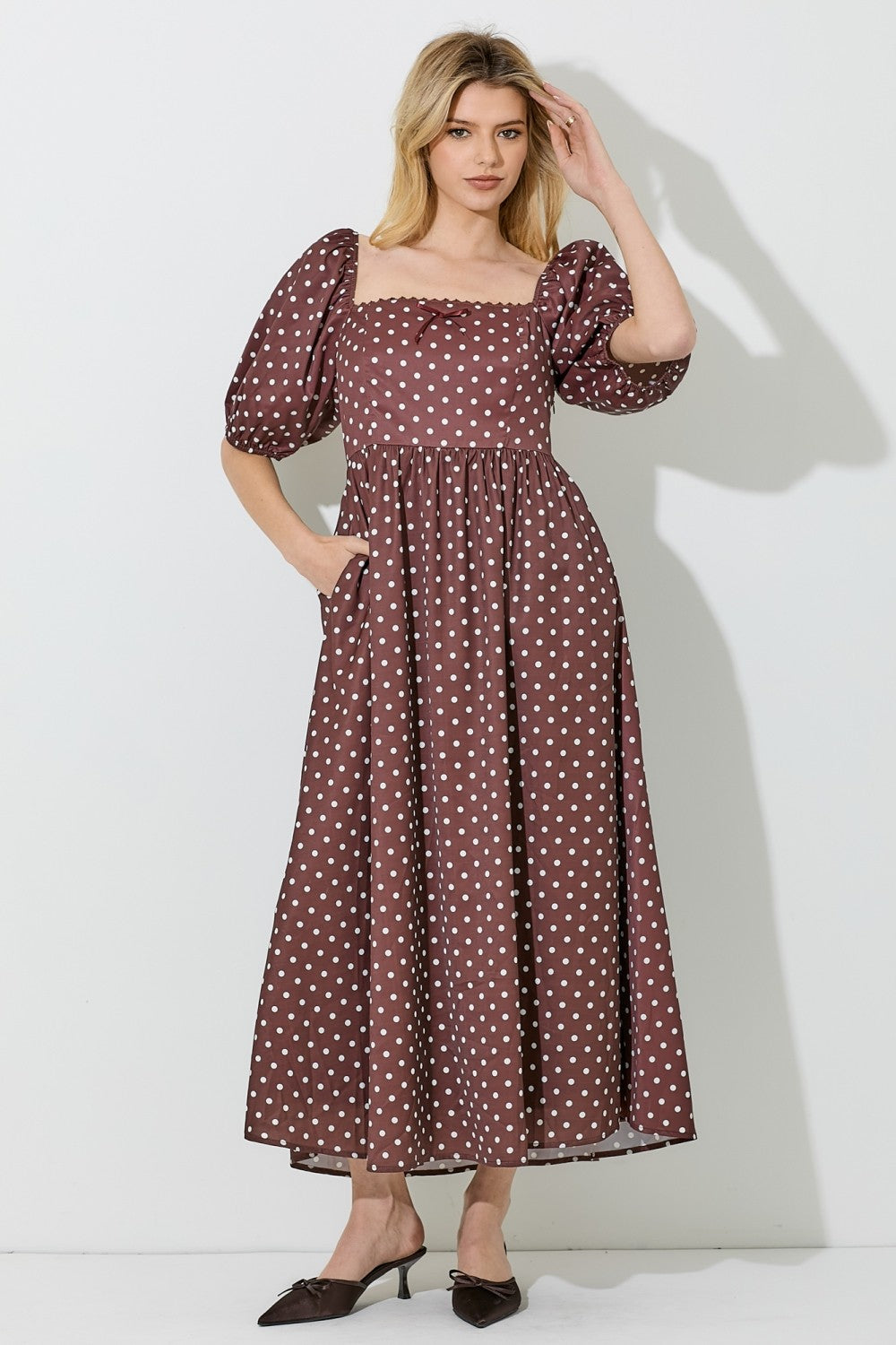 Brown Polka Dot Square Neck Maternity Midi Dress