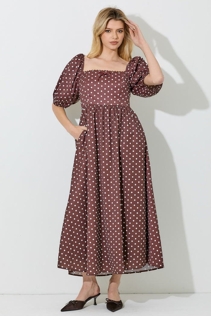 Brown Polka Dot Square Neck Midi Dress
