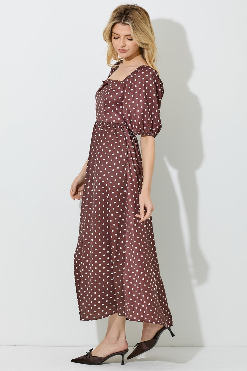 pink and brown polka dot dress Square Neck Midi Grandma's Cornbread Dressing neckline and fixed straps nav-27 Shoe Size:7 US