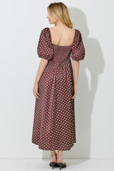 Brown Polka Dot Square Neck Midi Dress