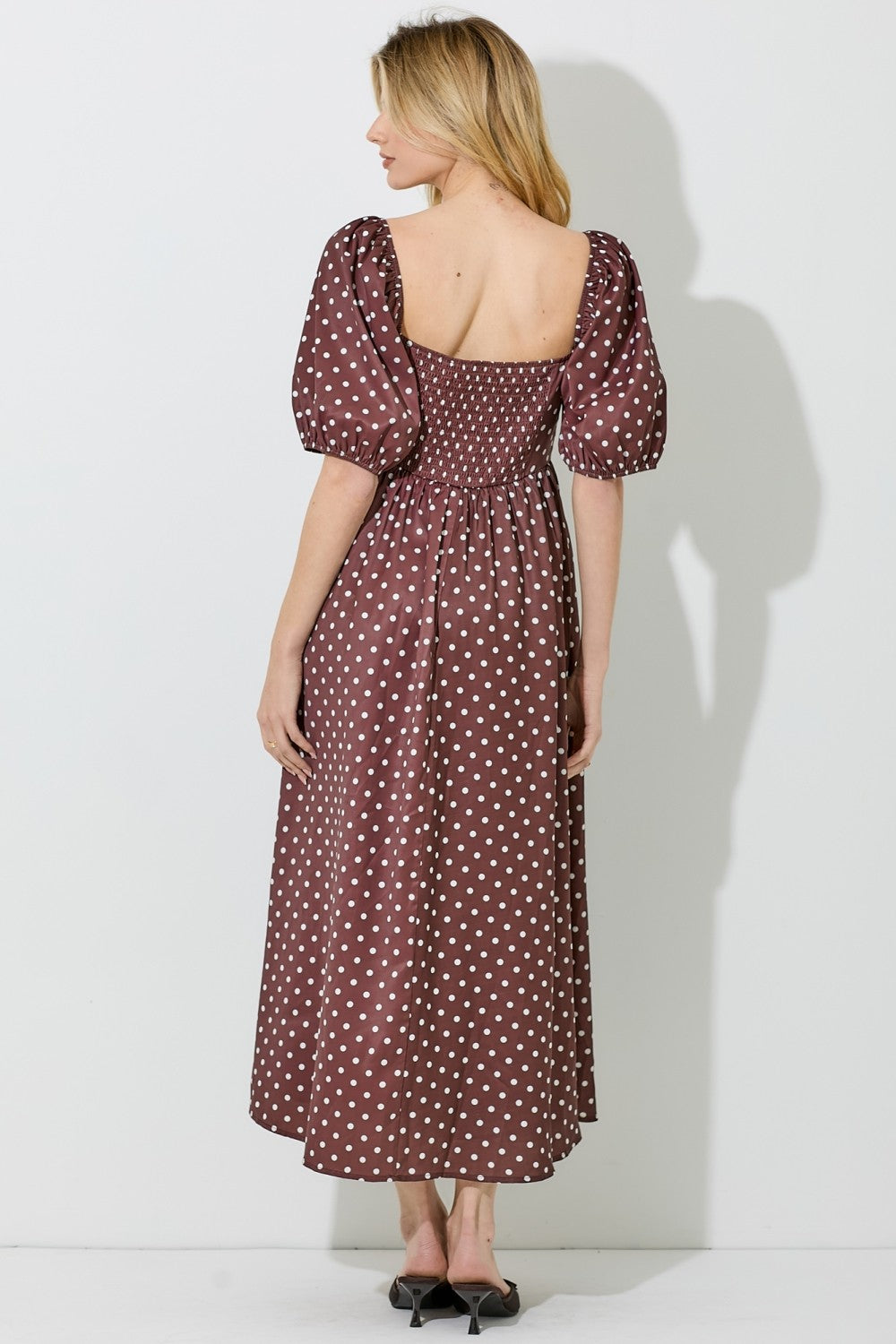 Brown Polka Dot Square Neck Midi Dress – PinkBlush
