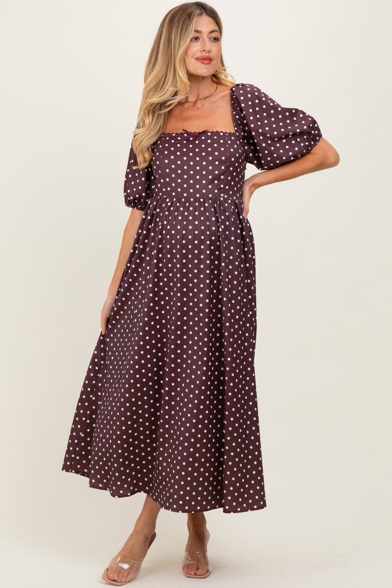 Brown Polka Dot Square Neck Maternity Midi Dress Brown Polka Dot Square Neck Maternity Midi Dress