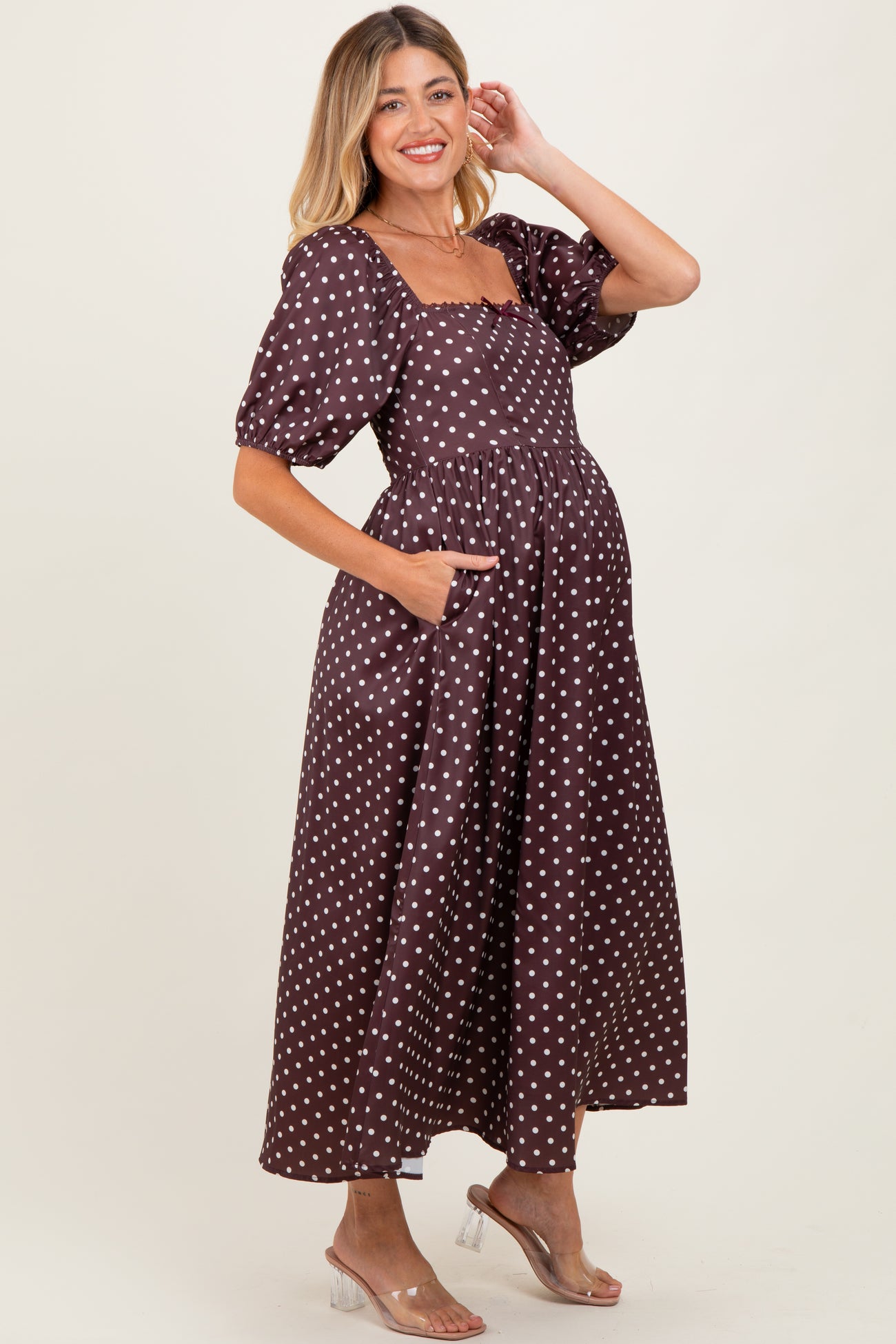 Brown Polka Dot Square Neck Maternity Midi Dress – PinkBlush