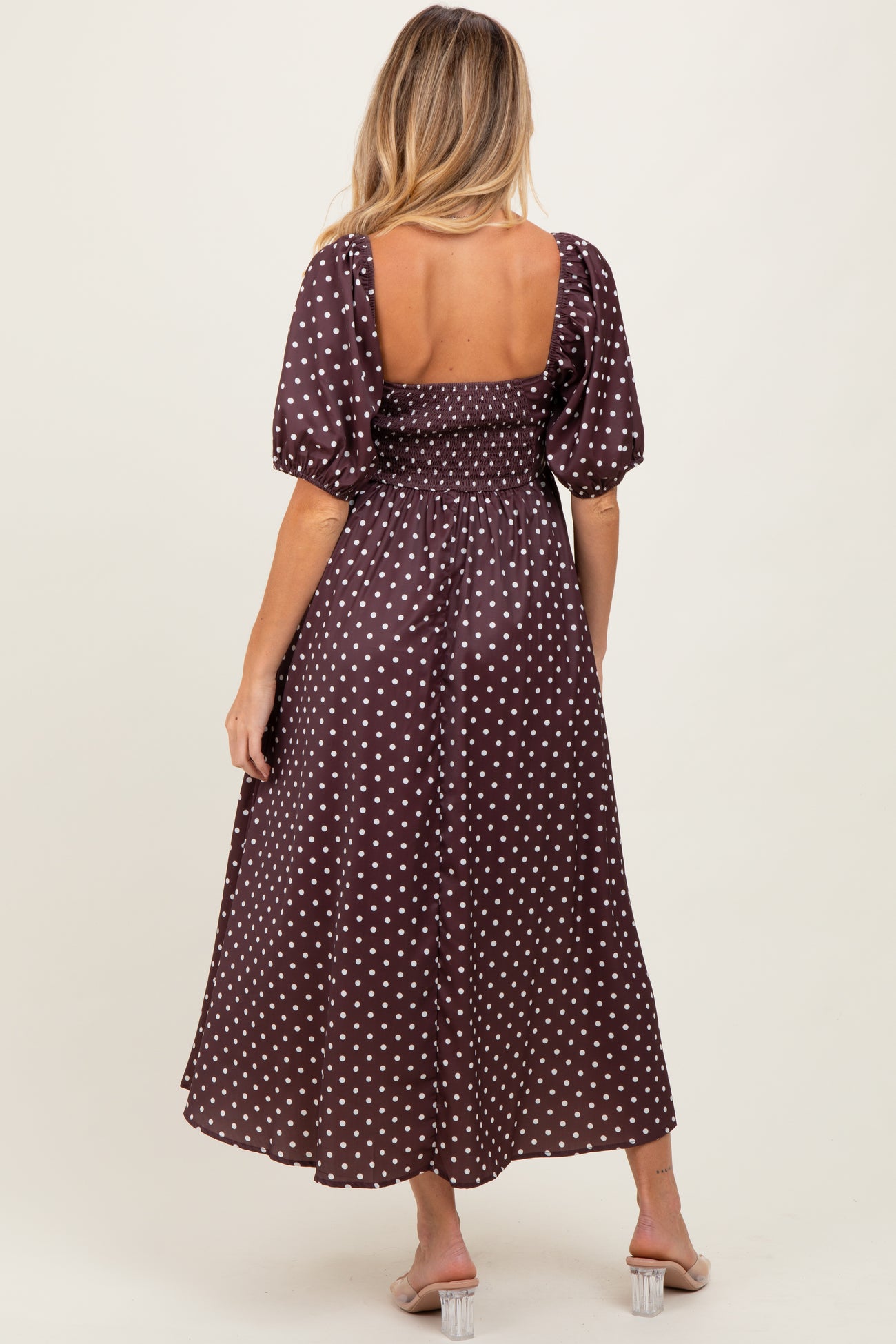 Brown Polka Dot Square Neck Maternity Midi Dress PinkBlush Brown Polka Dot Square Neck Maternity Midi Dress PinkBlush
