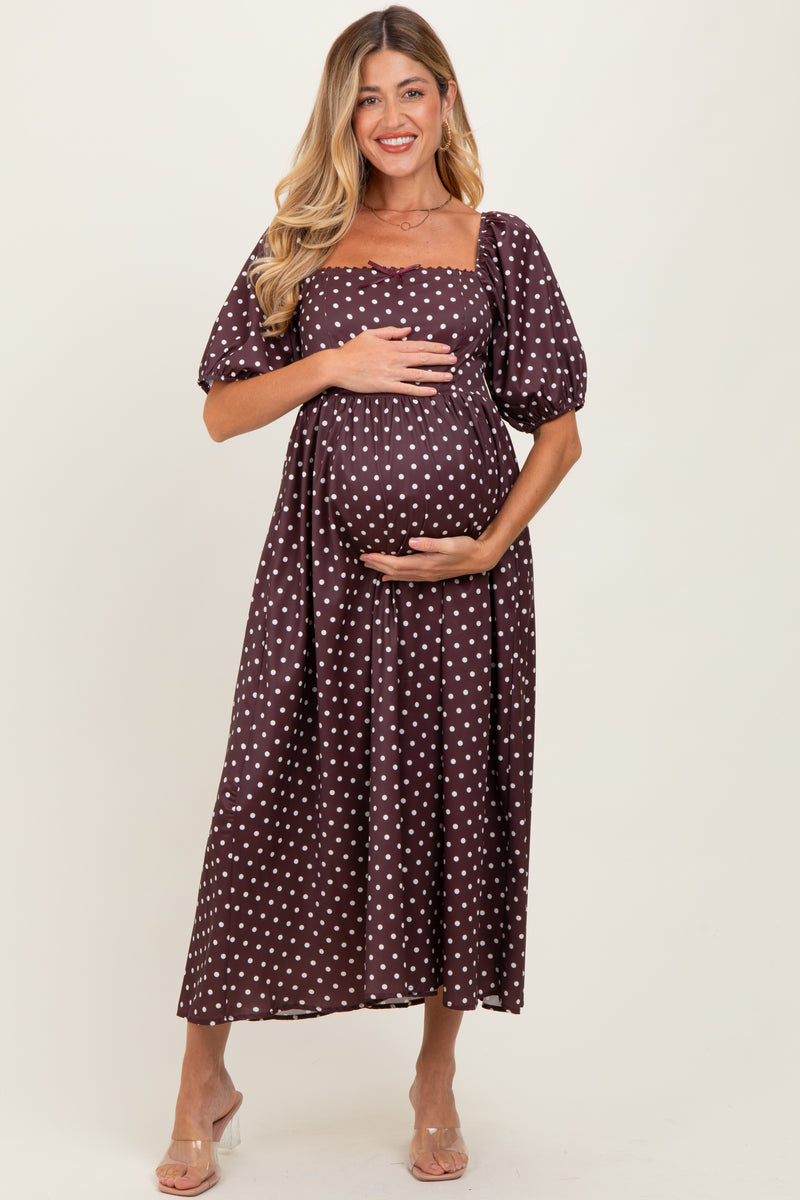 Brown Polka Dot Square Neck Maternity Midi Dress Brown Polka Dot Square Neck Maternity Midi Dress