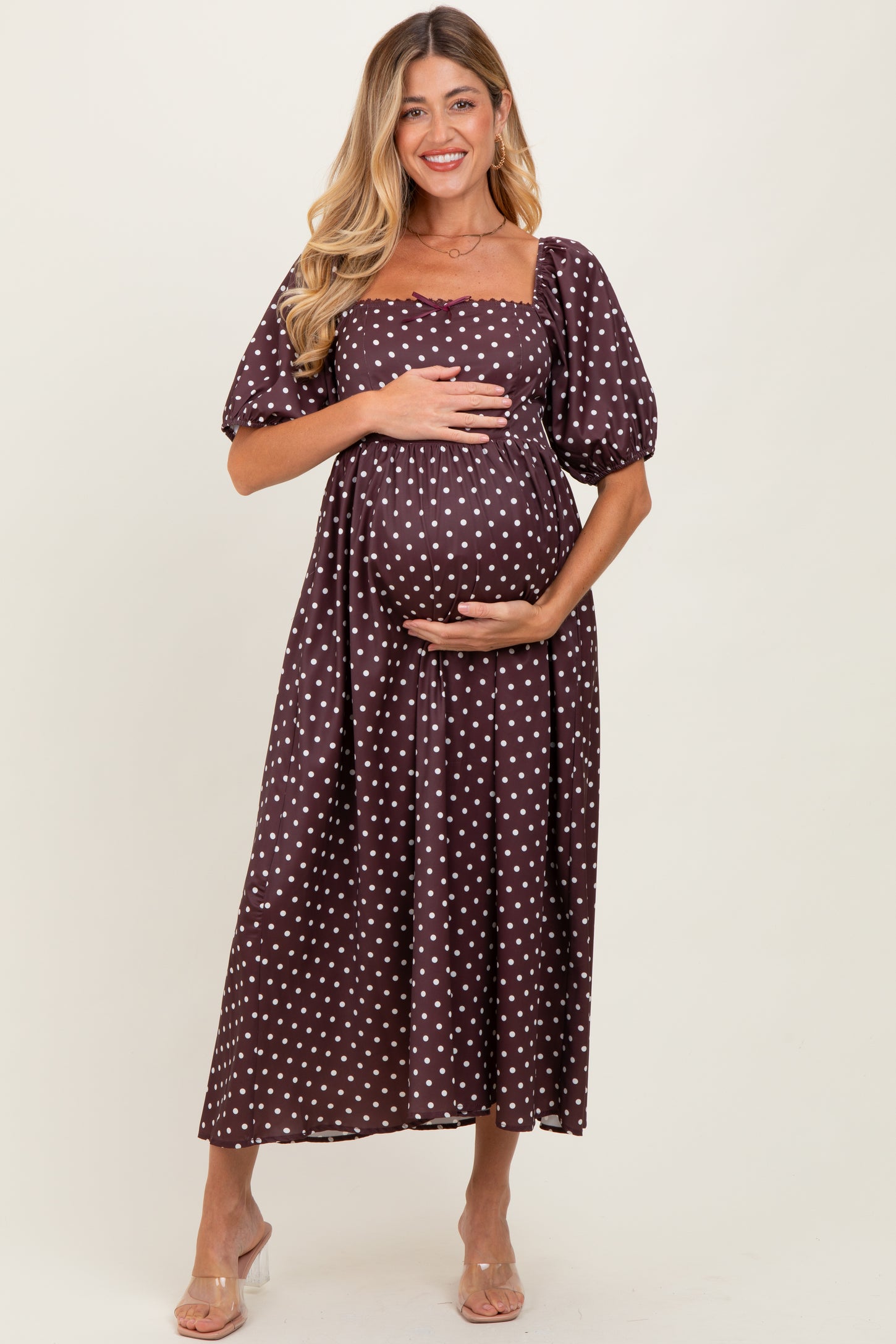 Brown Polka Dot Square Neck Midi Dress