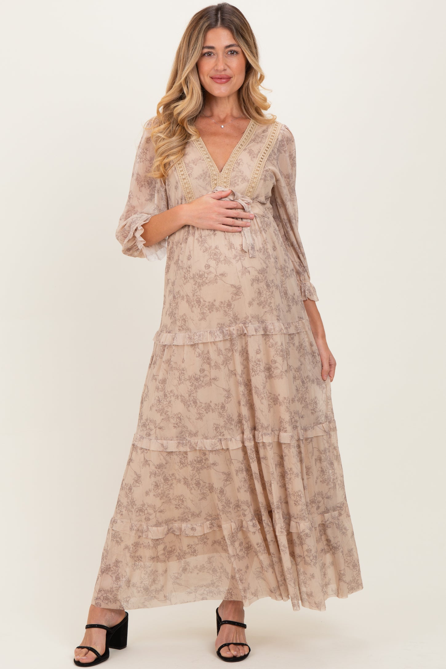Camel Floral Mesh Overlay Lace Trim Maternity Maxi Dress Camel Floral Mesh Overlay Lace Trim Maternity Maxi Dress