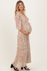 Camel Floral Mesh Overlay Lace Trim Maternity Maxi Dress