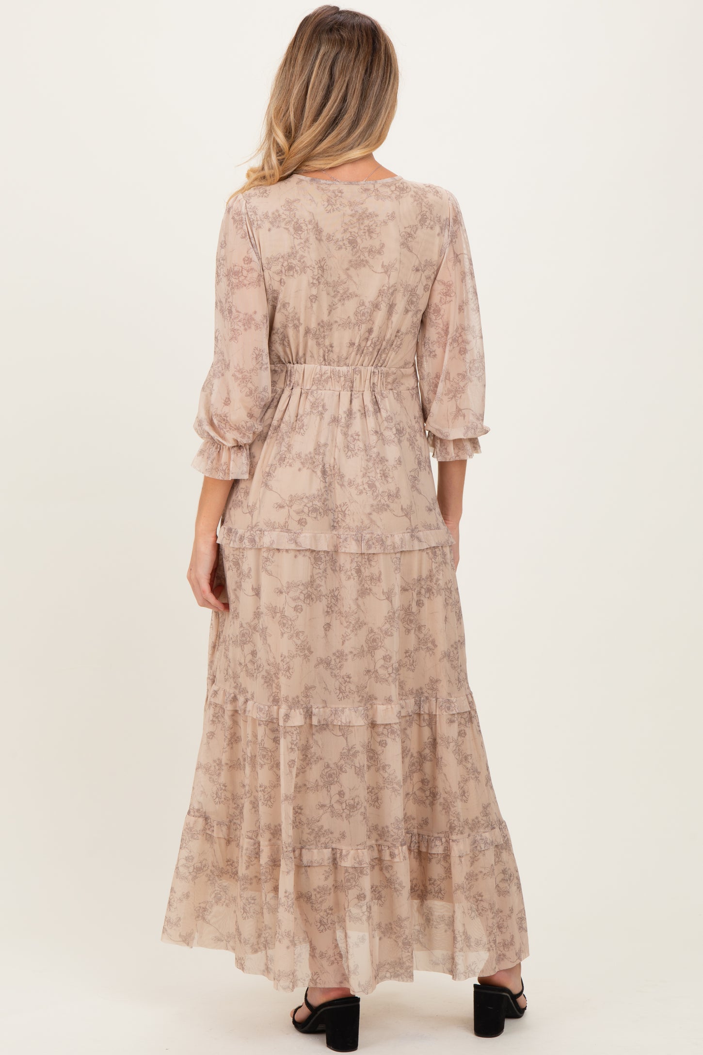 Camel Floral Mesh Overlay Lace Trim Maternity Maxi Dress