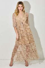 Camel Floral Mesh Overlay Lace Trim Maxi Dress