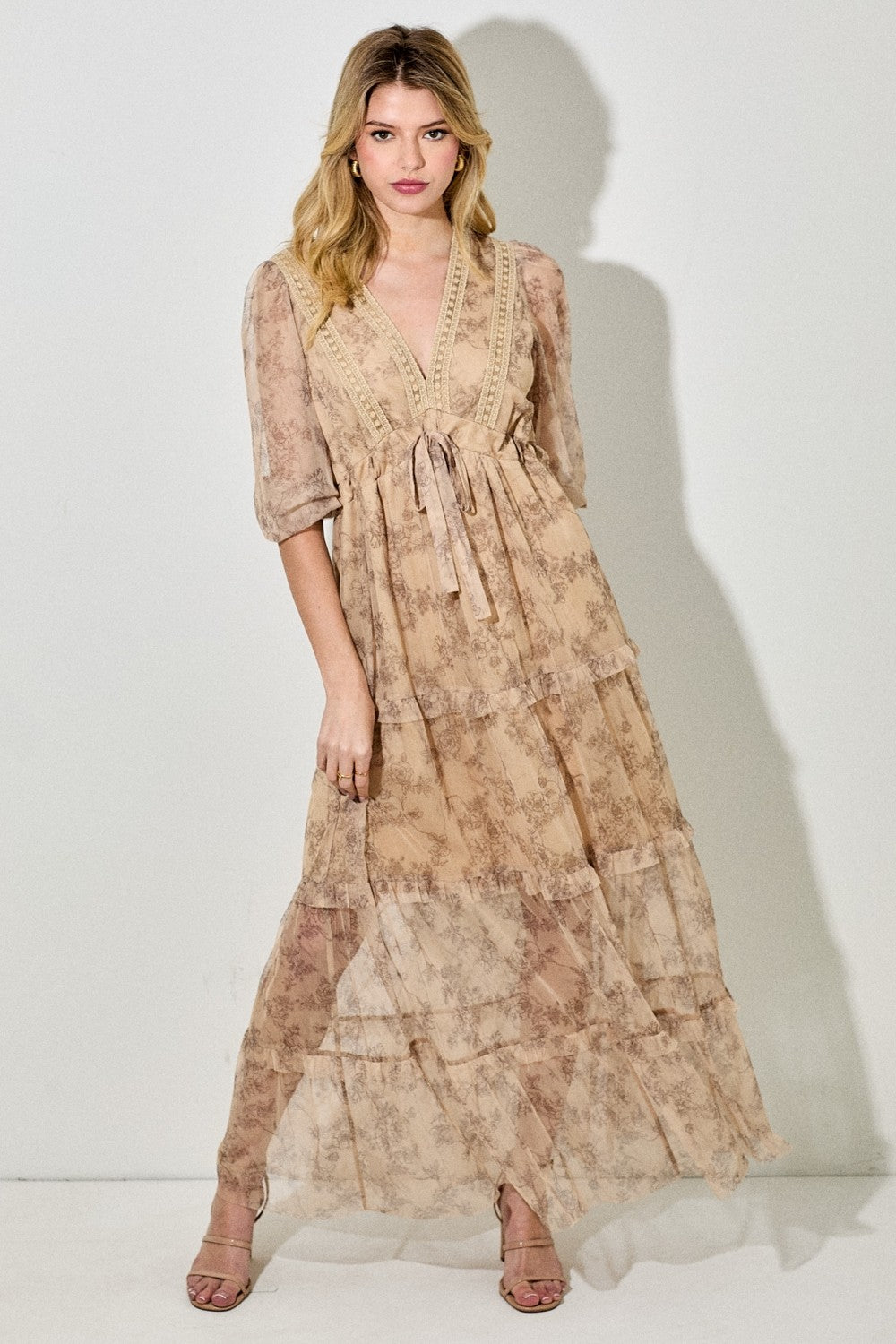 Camel Floral Mesh Overlay Lace Trim Maternity Maxi Dress Camel Floral Mesh Overlay Lace Trim Maternity Maxi Dress