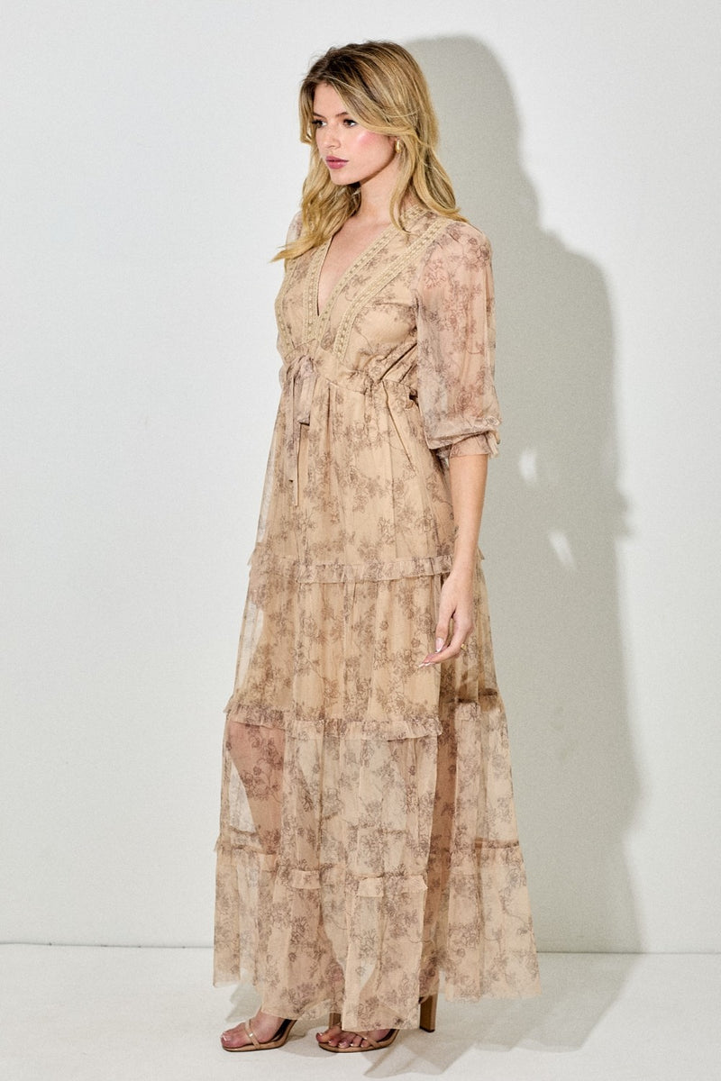 Camel Floral Mesh Overlay Lace Trim Maxi Dress Camel Floral Mesh Overlay Lace Trim Maxi Dress