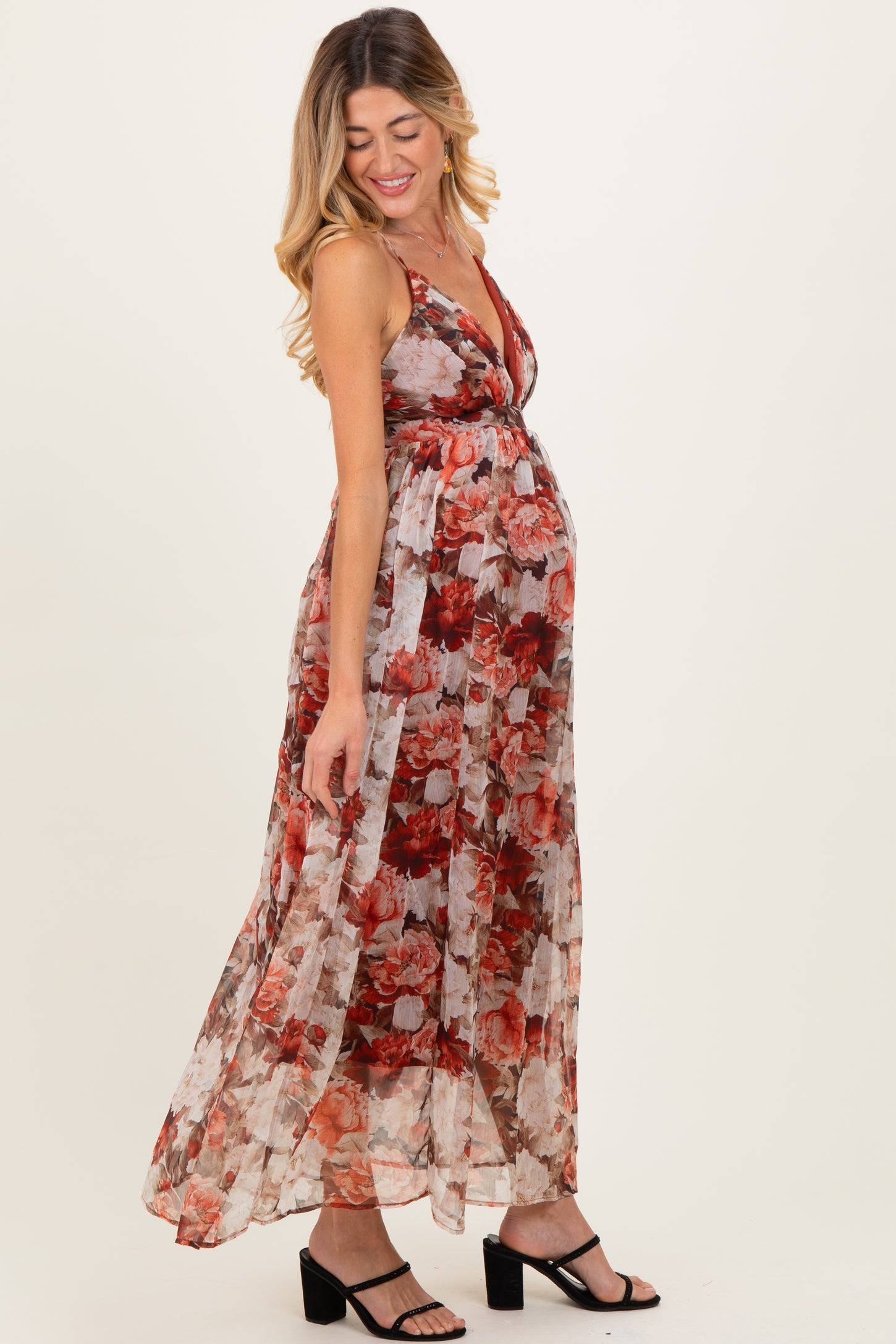 Burgundy Floral Deep V-Neck Open Back Maternity Maxi Dress PinkBlush Burgundy Floral Deep V-Neck Open Back Maternity Maxi Dress PinkBlush