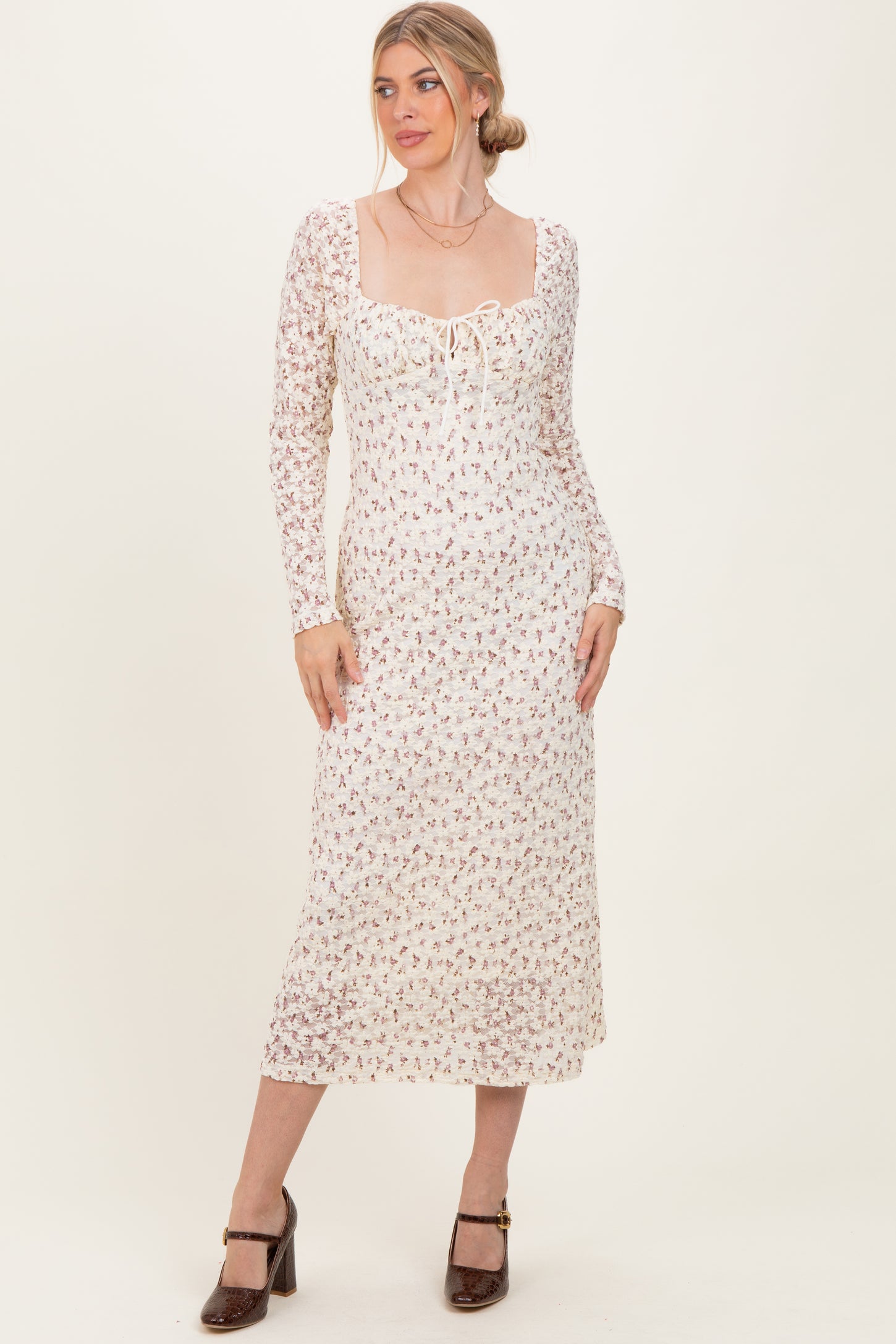 Cream Floral Sweetheart Neckline Long Sleeve Maxi Dress