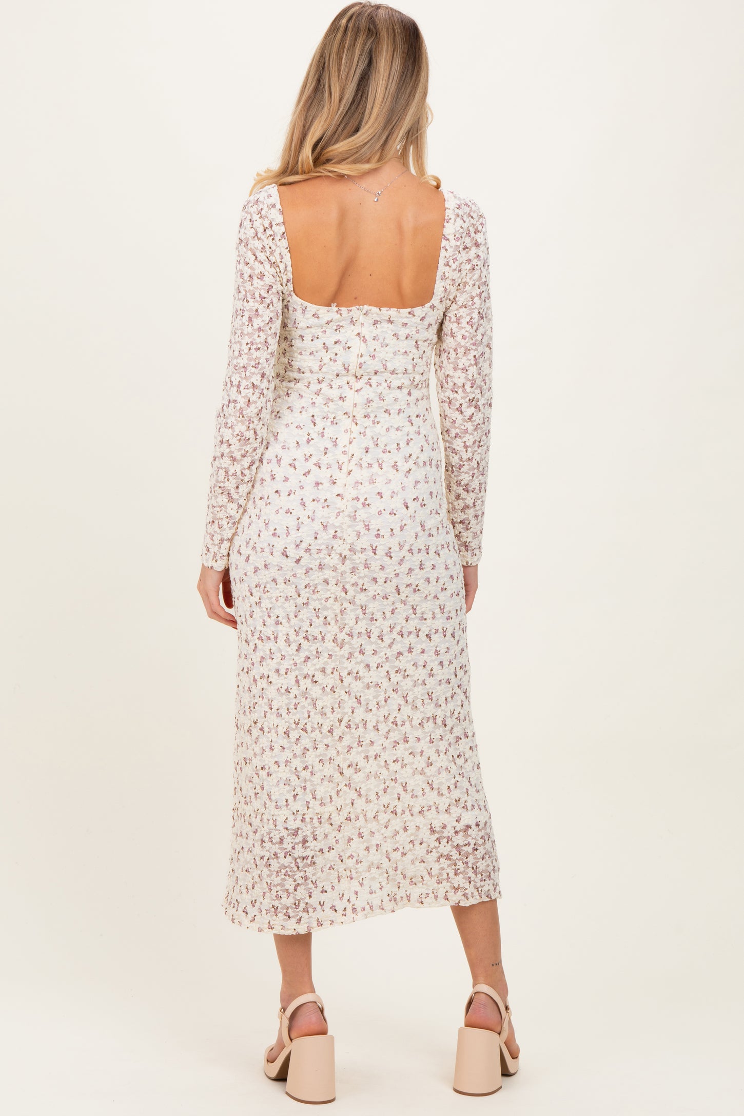 Cream Floral Sweetheart Neckline Long Sleeve Maternity Maxi Dress