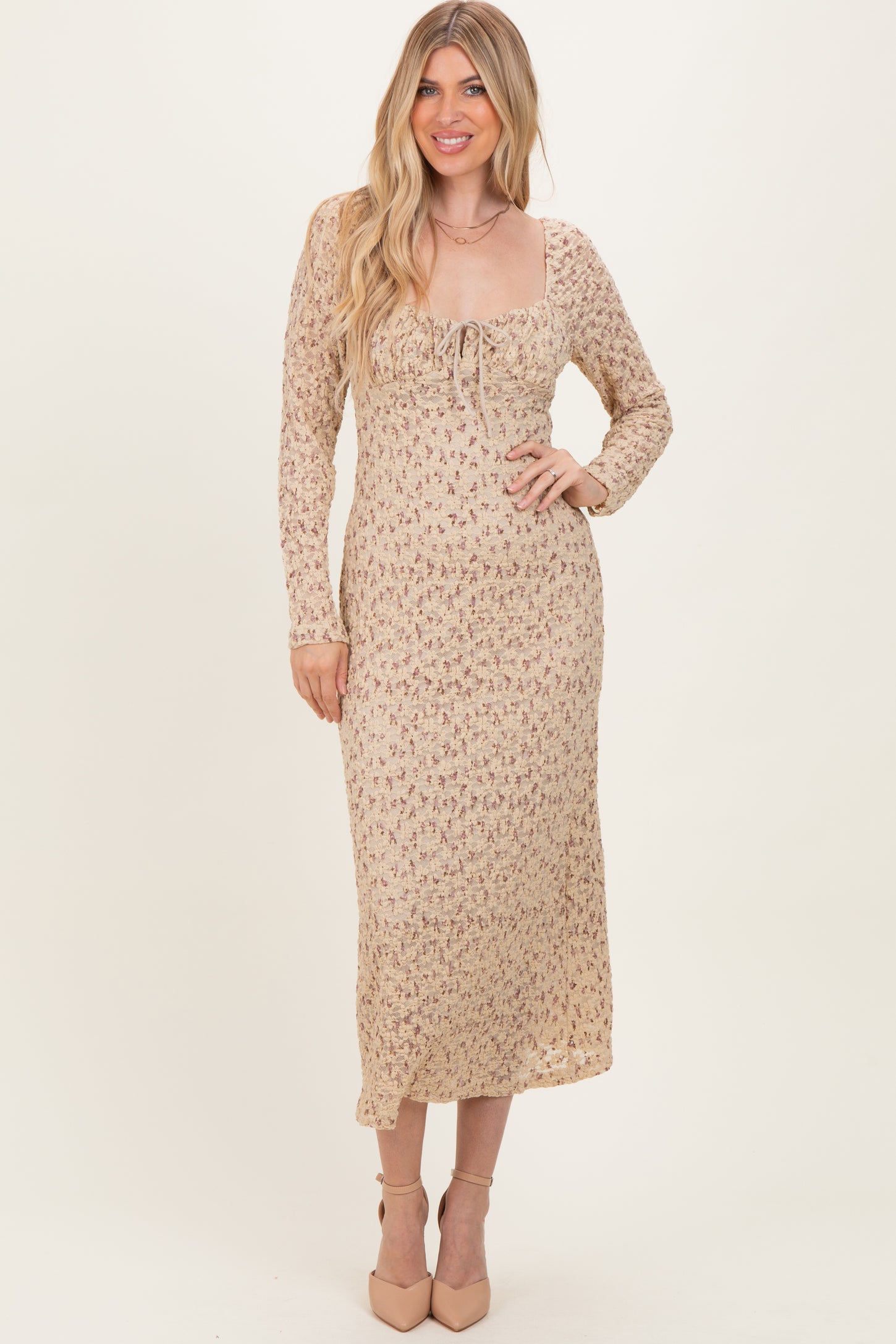 Beige Floral Sweetheart Neckline Long Sleeve Maternity Maxi Dress