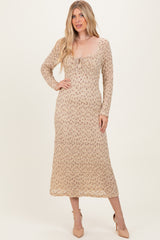 Beige Floral Sweetheart Neckline Long Sleeve Maxi Dress