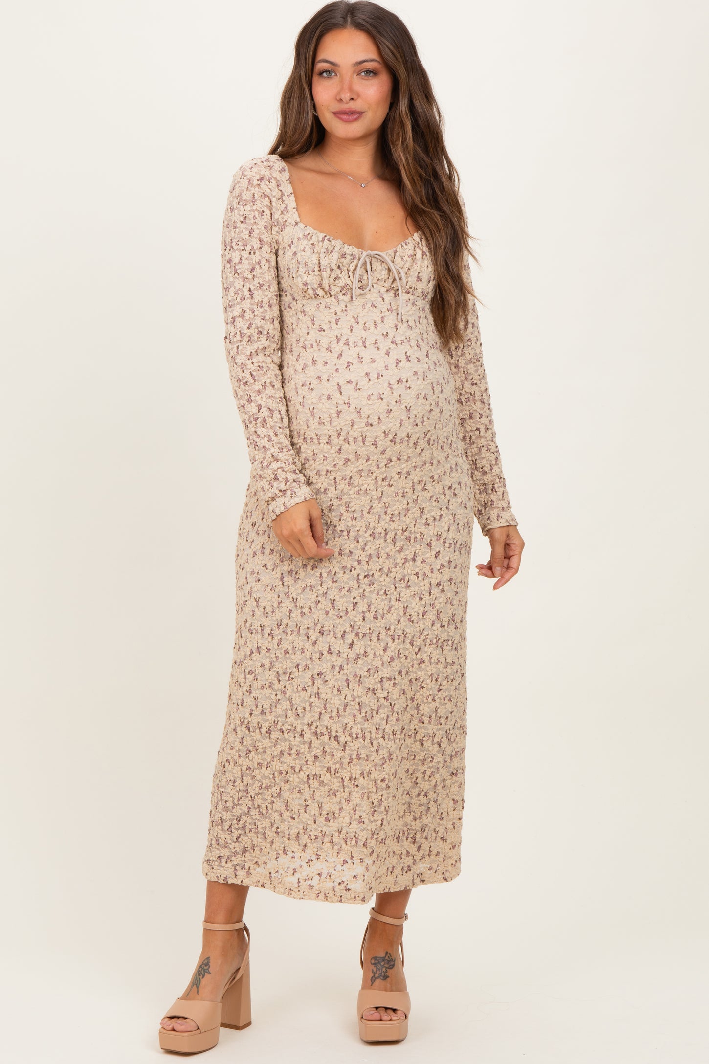 Beige Floral Sweetheart Neckline Long Sleeve Maternity Maxi Dress