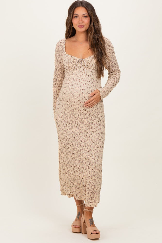 Beige Floral Sweetheart Neckline Long Sleeve Maternity Maxi Dress