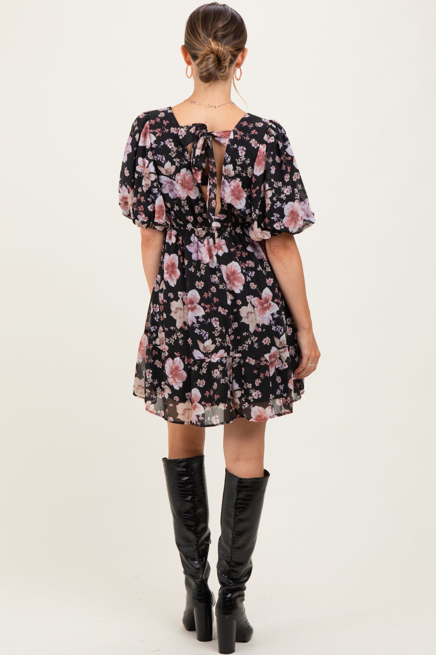 Black Floral V-Neck Puffed Sleeve Maternity Mini Dress