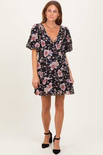 Black Floral V-Neck Puffed Sleeve Mini Dress