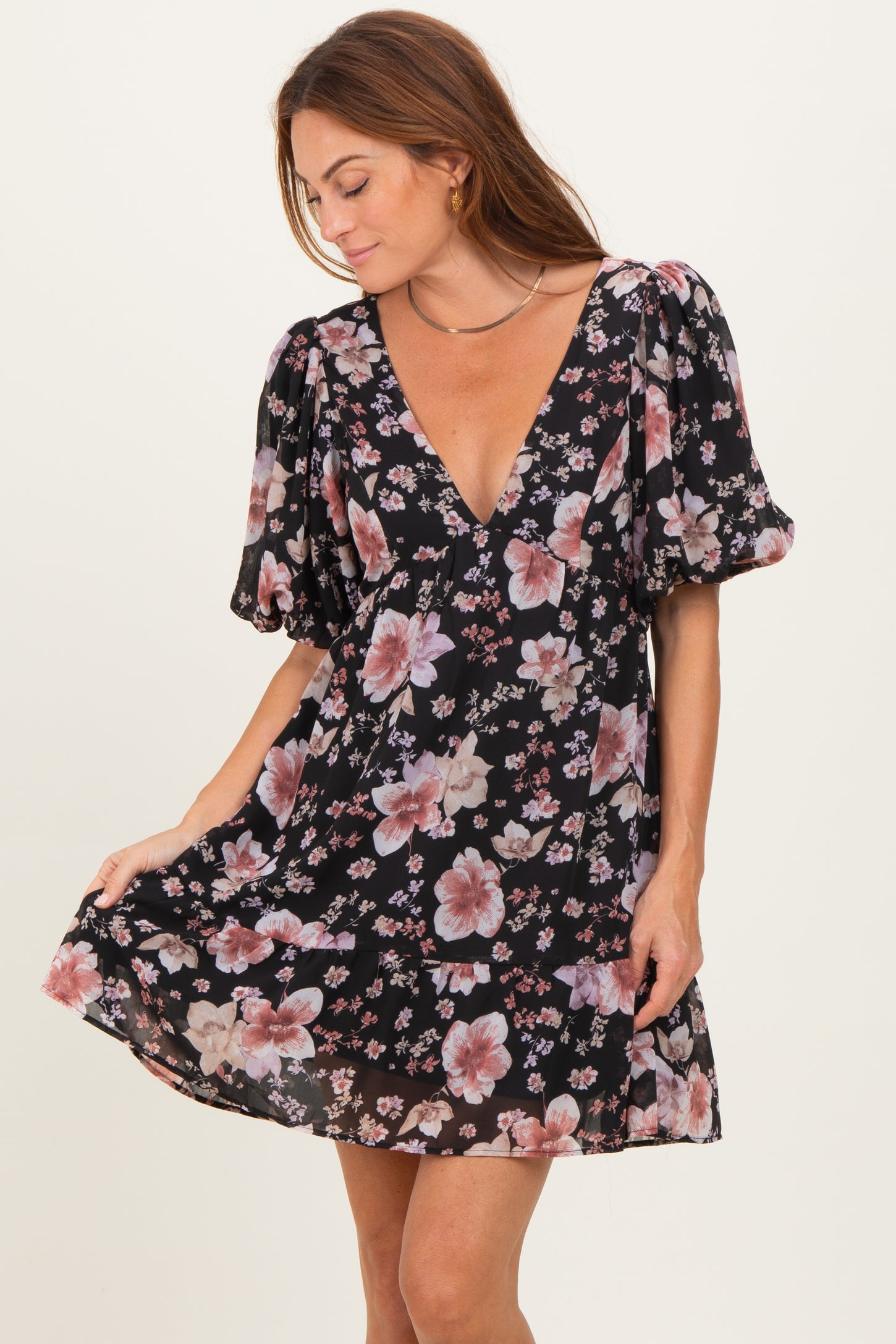 black floral puff sleeve mini dress Womens Friends Like These Black Floral Puff Sleeve V-Neck Printed Mini Dress 10
