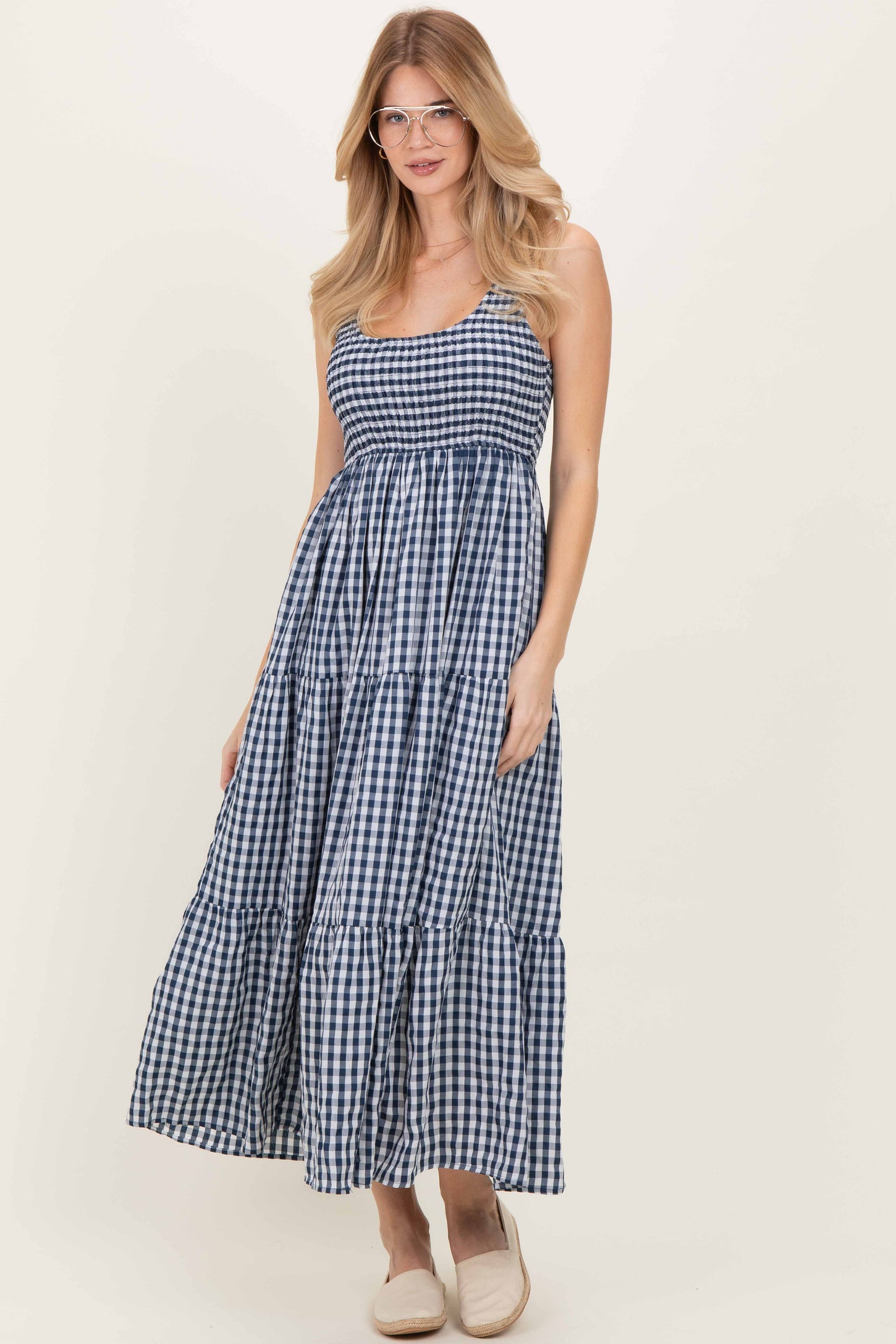 Blue Gingham Sleeveless Tiered Maternity Maxi Dress