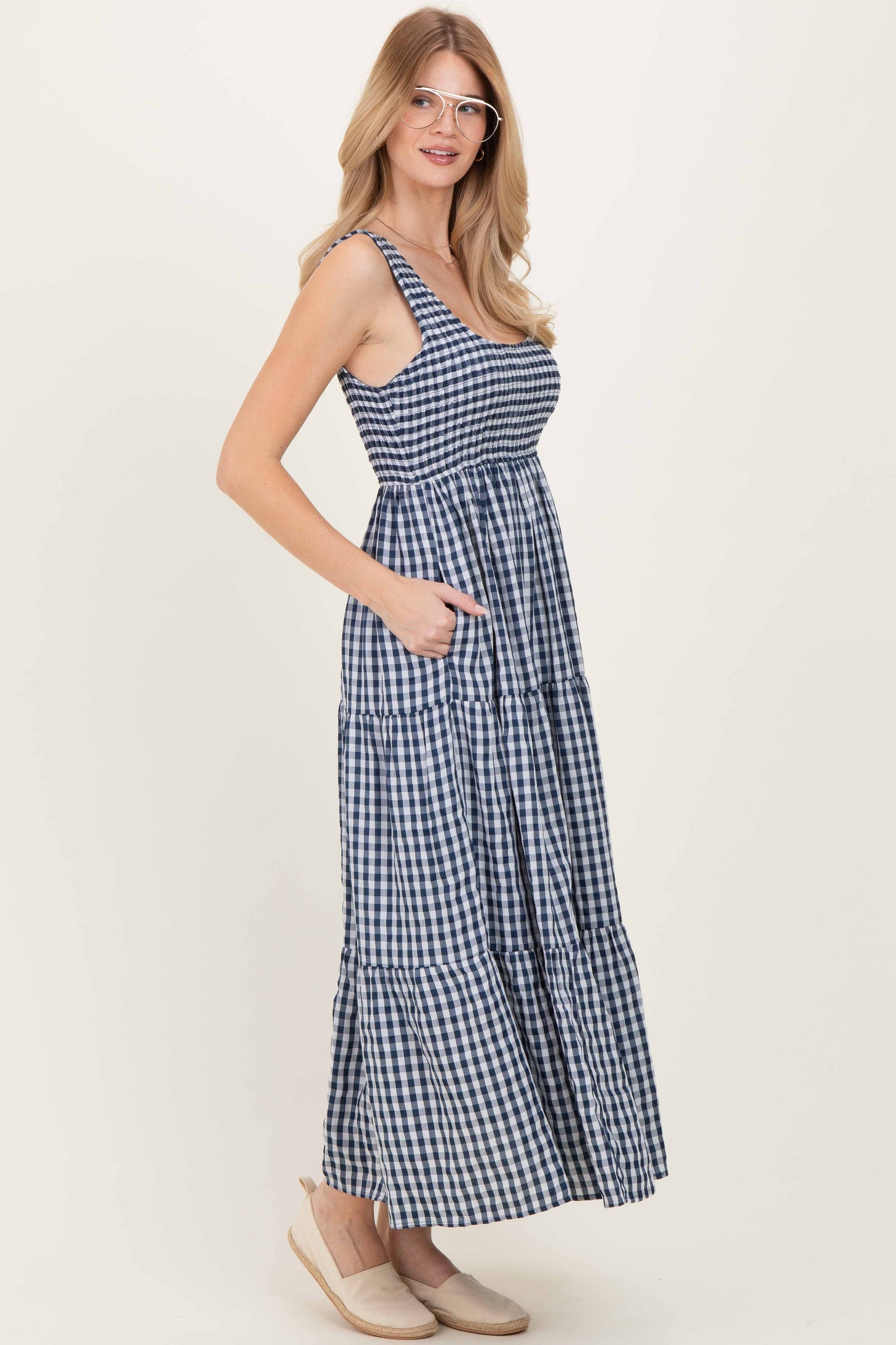 Blue Gingham Sleeveless Tiered Maxi Dress Blue Gingham Sleeveless Tiered Maxi Dress