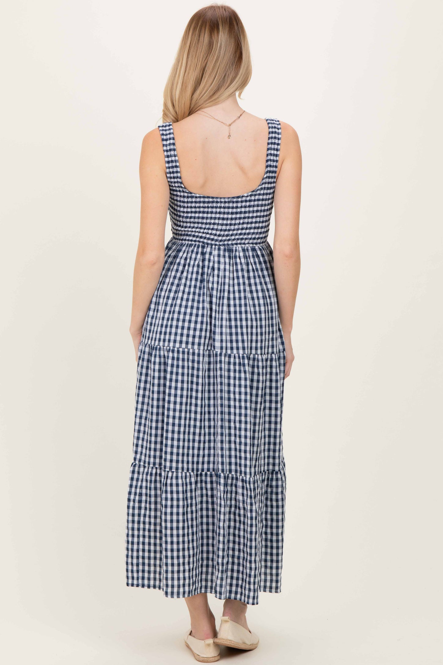 Blue Gingham Sleeveless Tiered Maxi Dress