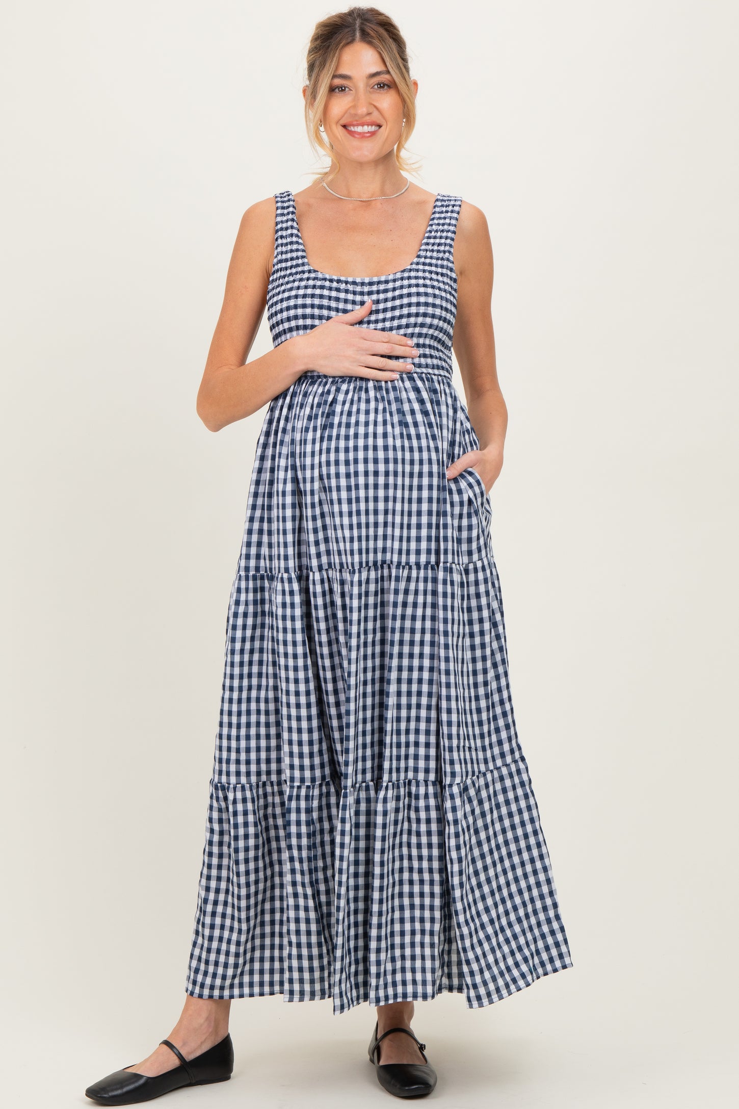Blue Gingham Sleeveless Tiered Maternity Maxi Dress Blue Gingham Sleeveless Tiered Maternity Maxi Dress