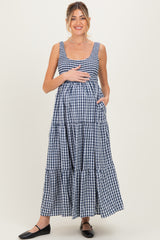 Blue Gingham Sleeveless Tiered Maternity Maxi Dress