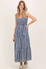 Blue Gingham Sleeveless Tiered Maxi Dress