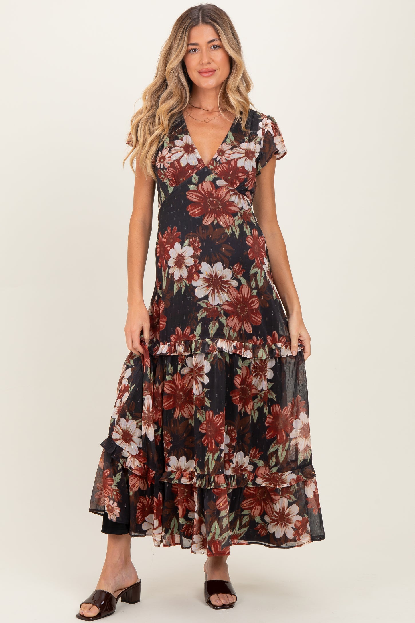 Black Floral Chiffon V-Neck Maternity Maxi Dress