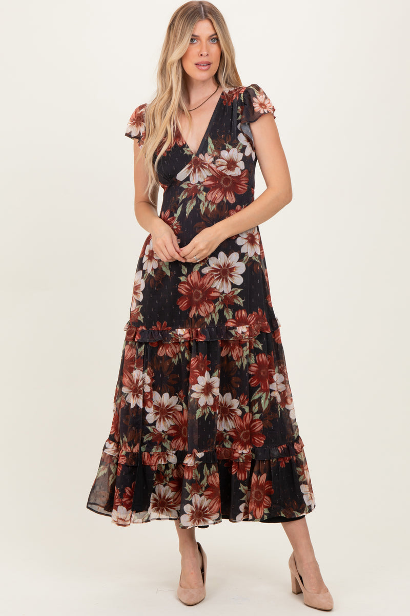 black floral v neck maxi dress Black Floral Chiffon V-Neck Maxi Dress
