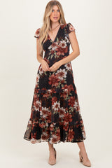 Black Floral Chiffon V-Neck Maxi Dress