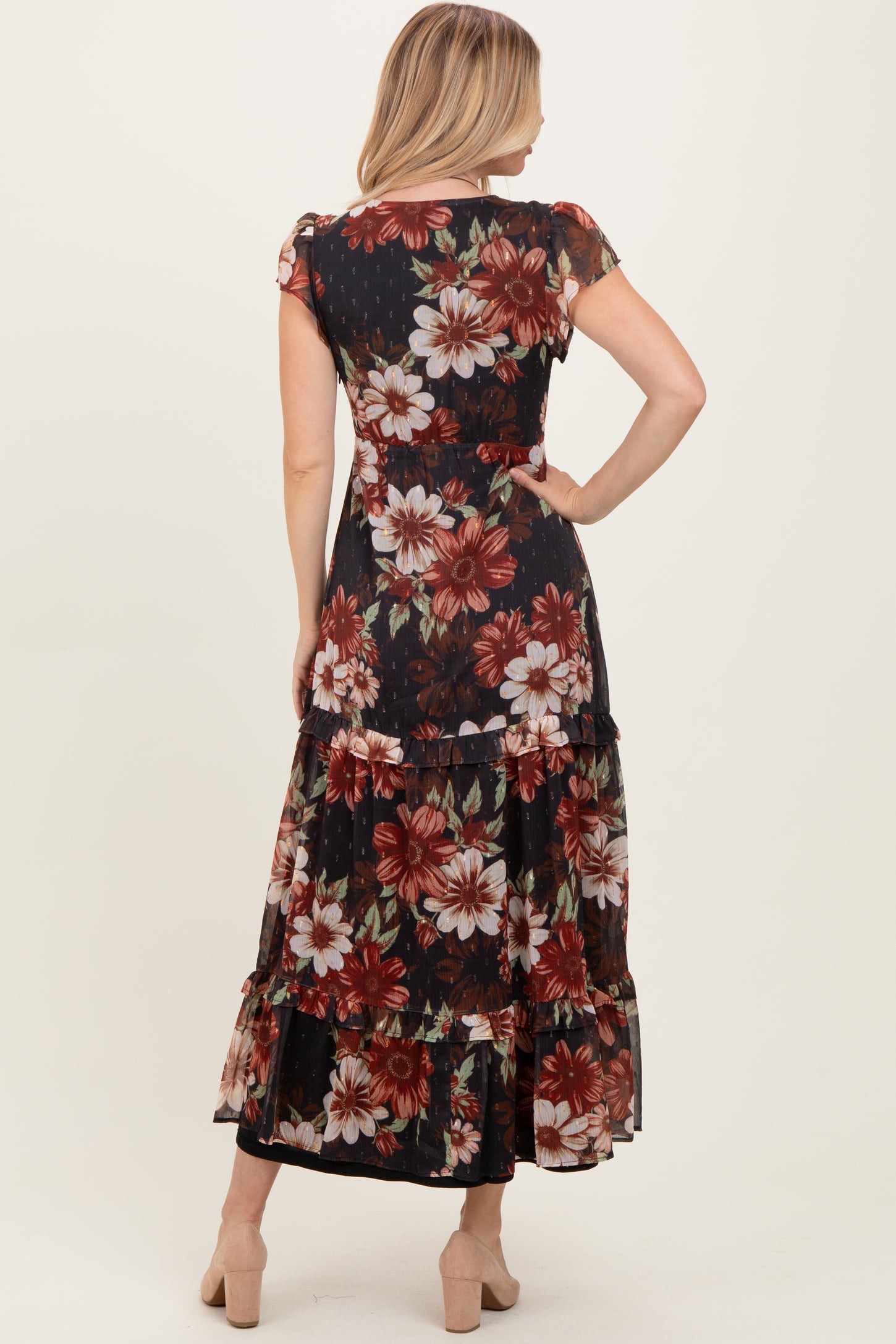 Black Floral Chiffon V-Neck Maxi Dress