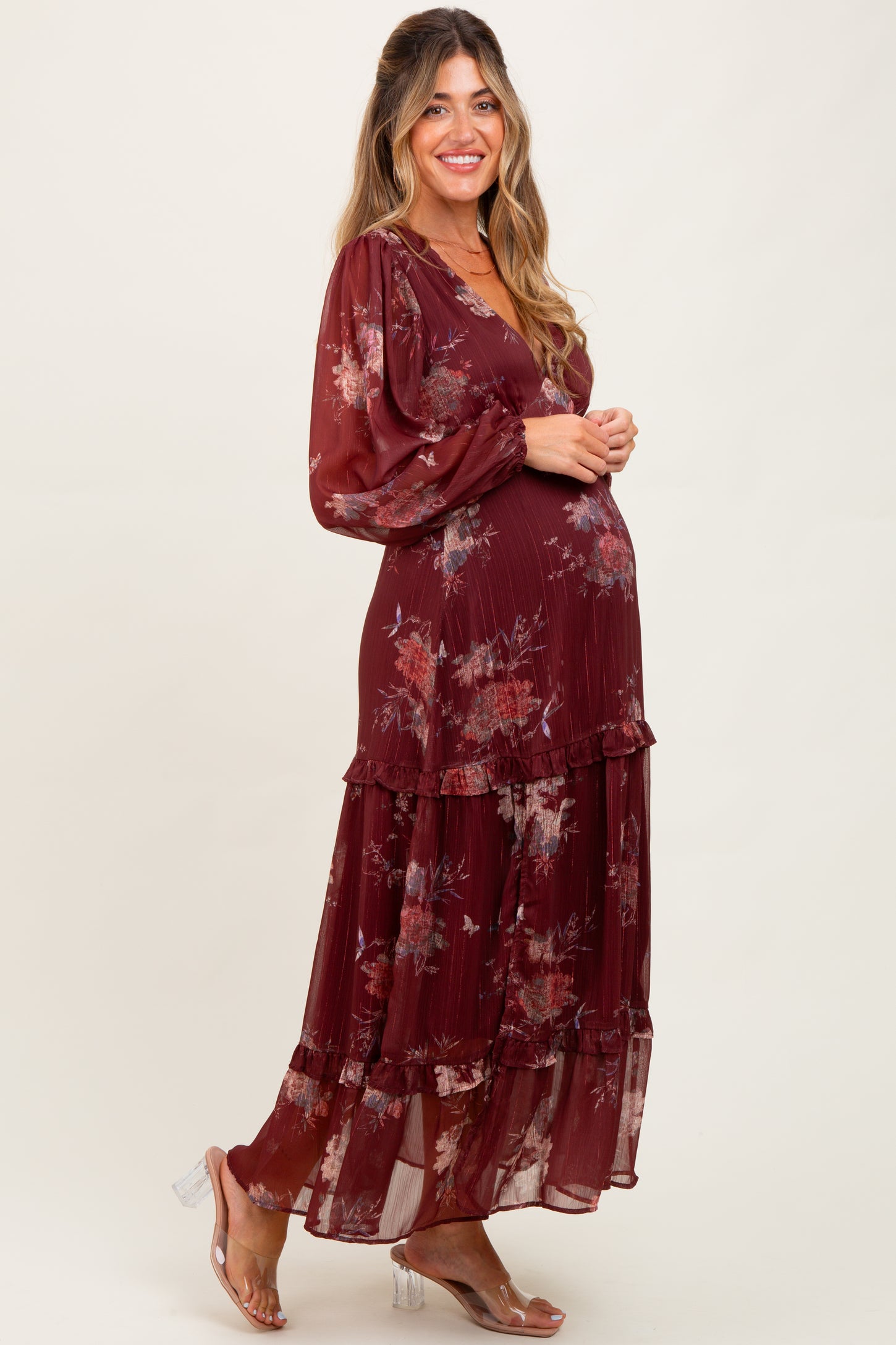 Burgundy Floral Chiffon V-Neck Long Sleeve Maternity Maxi Dress