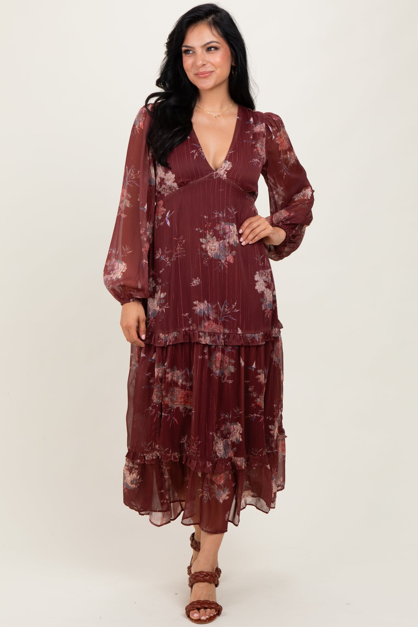 Burgundy Floral Chiffon V-Neck Long Sleeve Maxi Dress Burgundy Floral Chiffon V-Neck Long Sleeve Maxi Dress