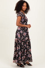Black Floral V-Neck Side Silt Maxi Dress