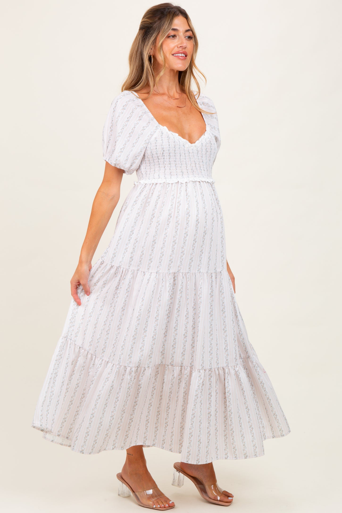 Ivory Floral Stripe Tiered Maternity Maxi Dress