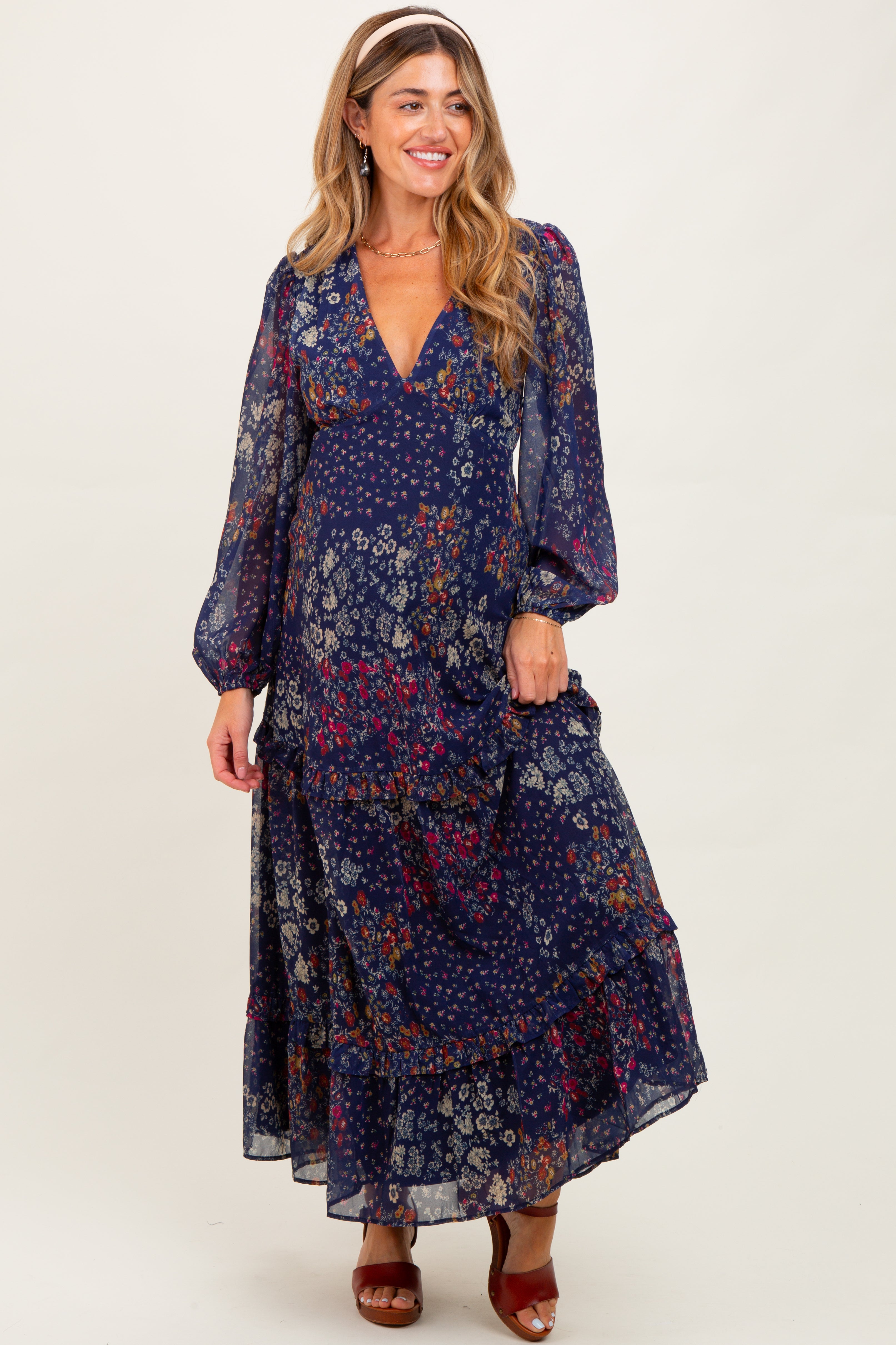 Navy Floral Chiffon V-Neck Long Sleeve Maternity Maxi Dress – PinkBlush
